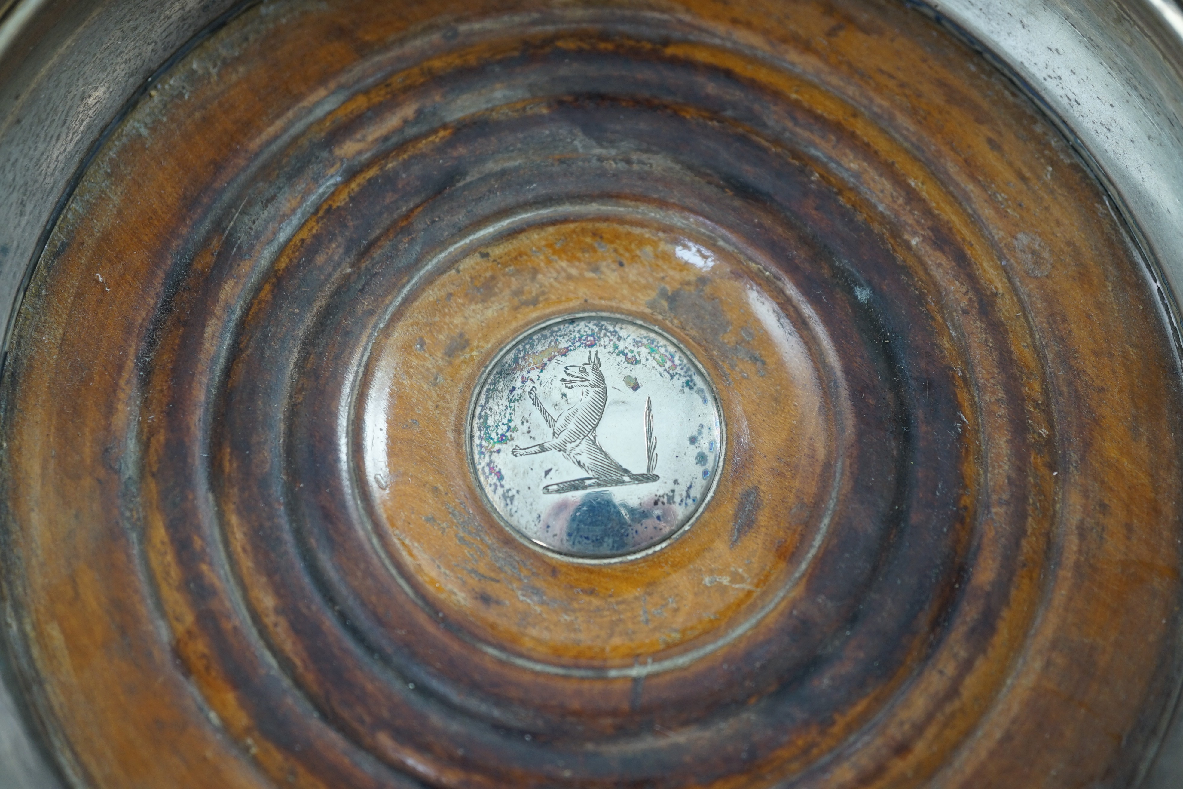 A pair of George IV silver mounted wine coasters by John Walton?